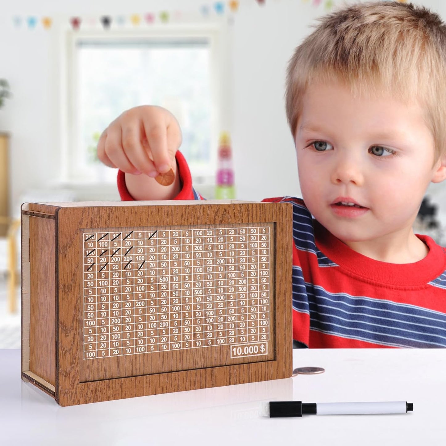 10,000 Savings Challenge Box - Wooden Cash Vault and Coin Counter for Adults and Kids, Kakeibo Money Box