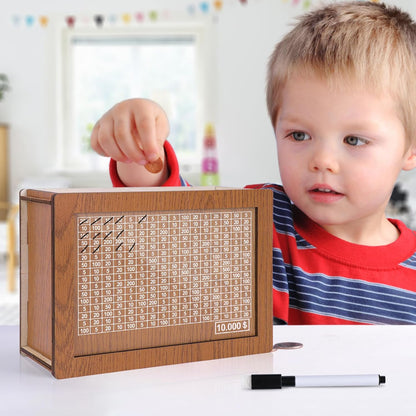 10,000 Savings Challenge Box - Wooden Cash Vault and Coin Counter for Adults and Kids, Kakeibo Money Box