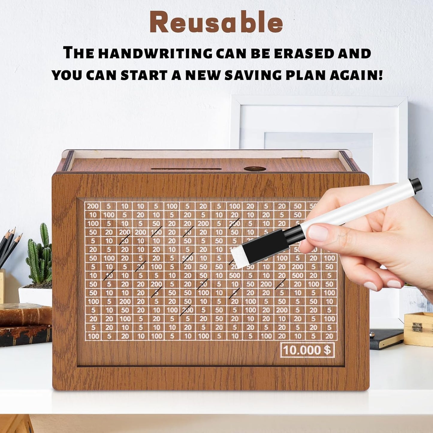 10,000 Savings Challenge Box - Wooden Cash Vault and Coin Counter for Adults and Kids, Kakeibo Money Box